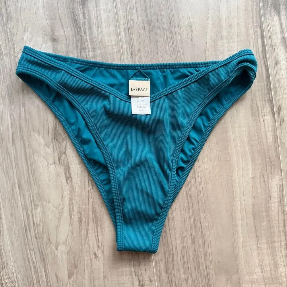 L*SPACE Ribbed Bikini Bottom Teal Women’s Large Classic Swim Bottom